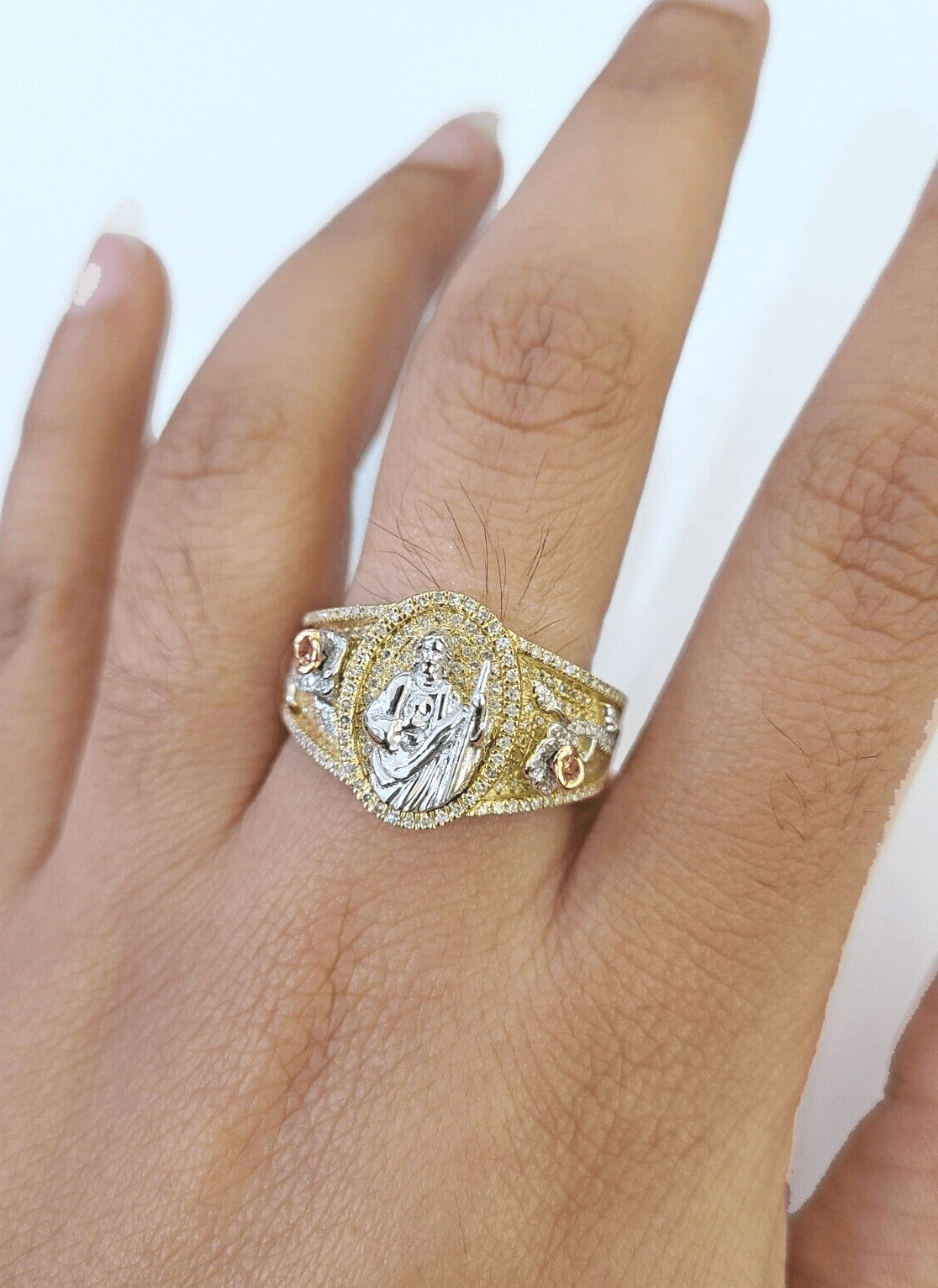 Real 10k Yellow Gold Diamond Mens Ring Jesus Band Wedding Casual Genuine Natural - GoldenlinQ